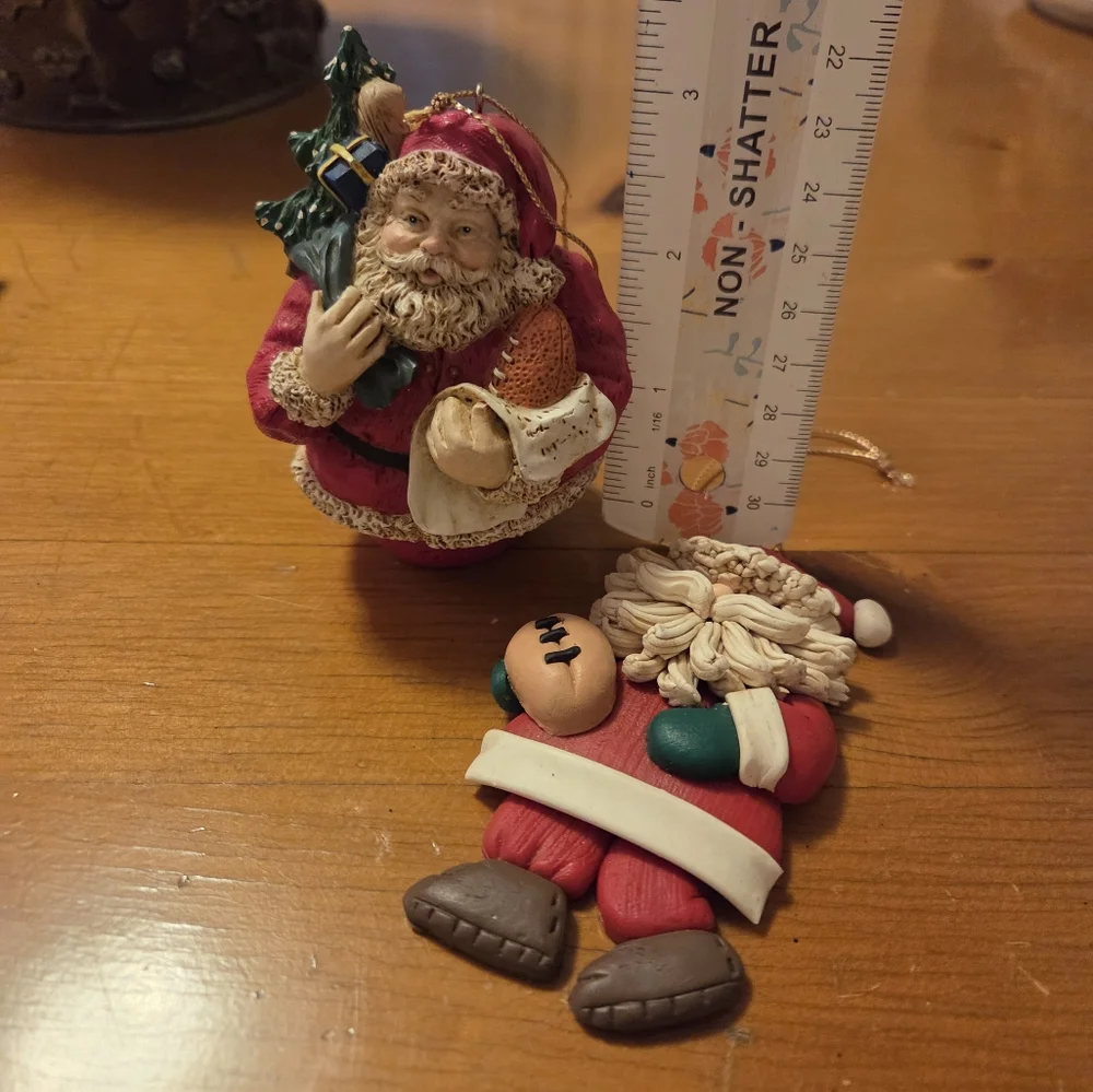 Set Of Santa Ornaments With Footballs One Resin (Roly Poly) And One Ceramic